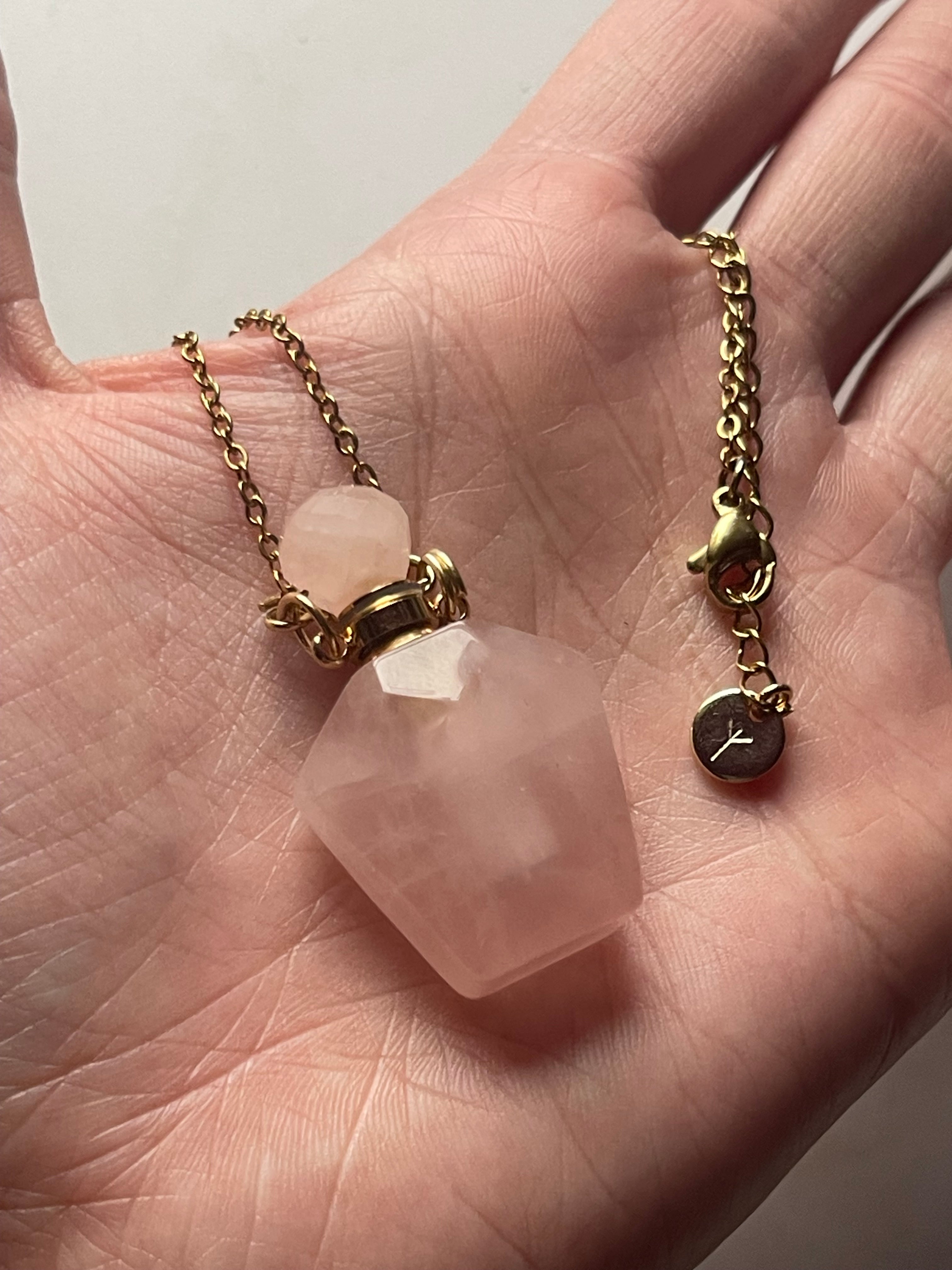 Circe's Charm Elixir -  Elegant Rose Quartz Perfume Bottle - Gold Plated Talisman Necklace