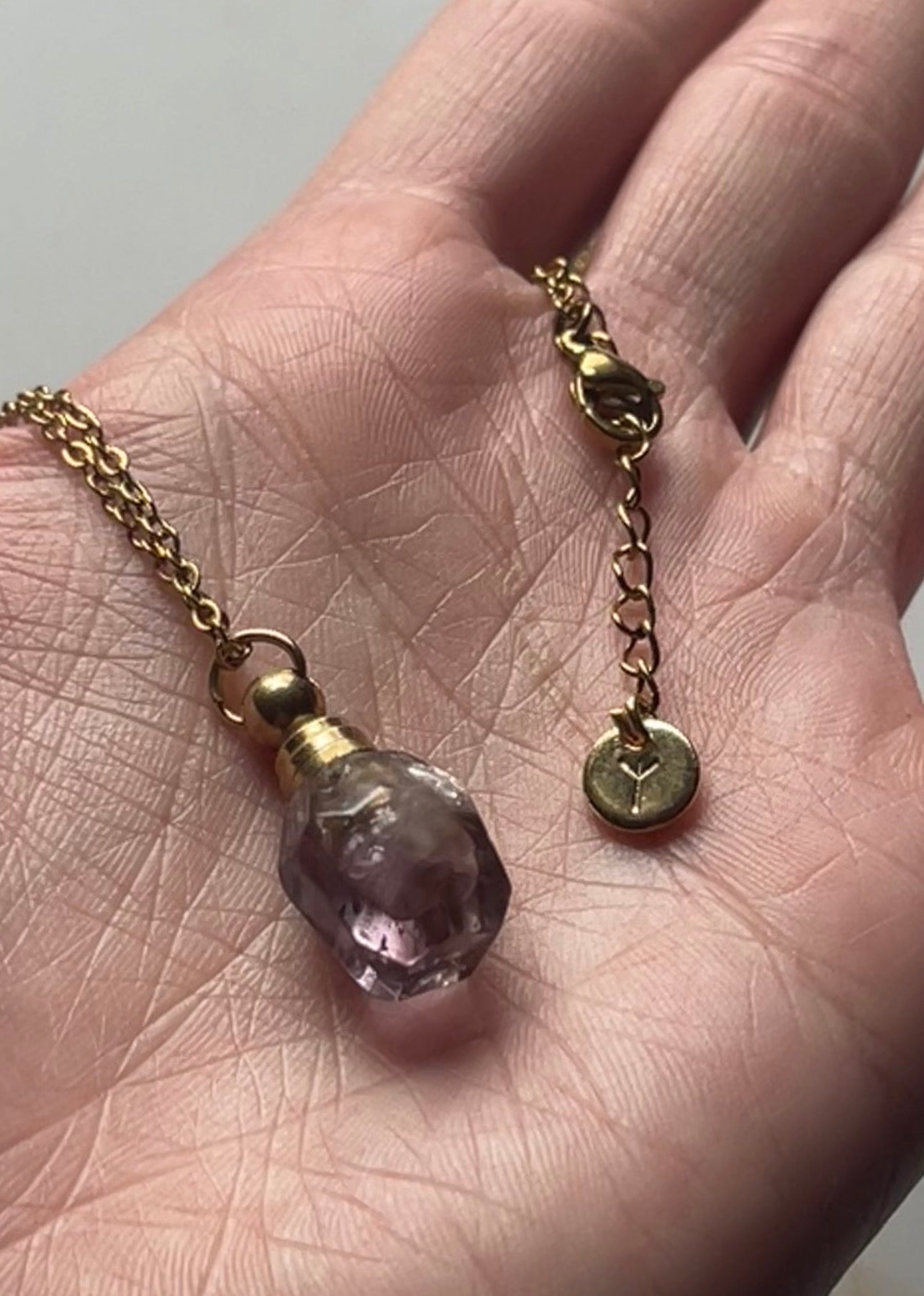 Medea's Hidden Vial - Wearable Amethyst Perfume Bottle - Gold Plated Talisman