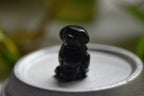 Black dog figurine on a light surface with a blurred green background