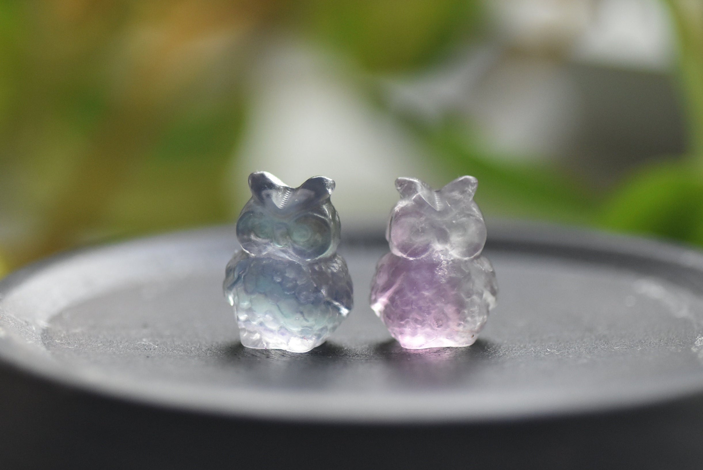 Two crystal owl figurines on a dark surface with a blurred natural background