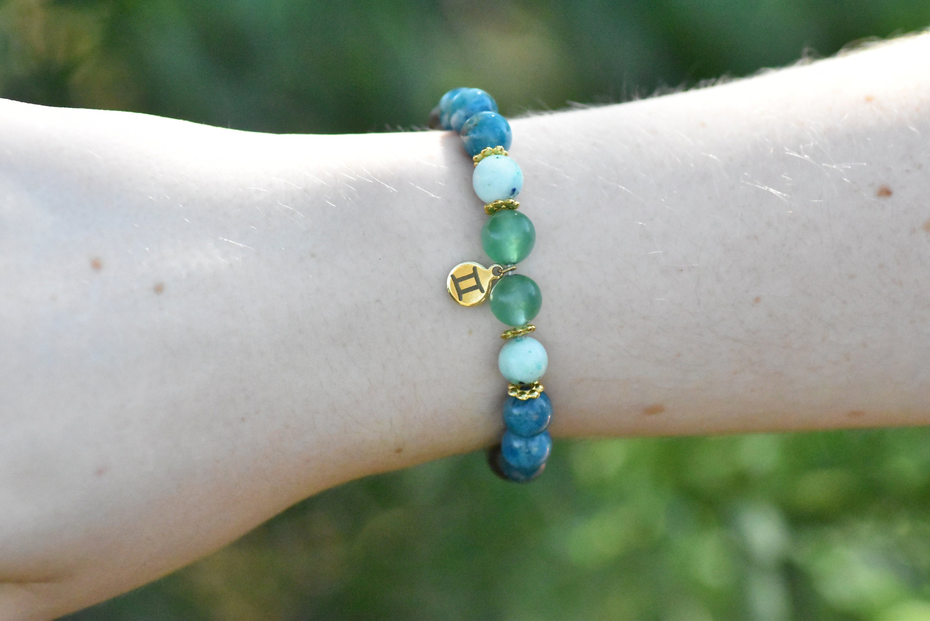 Gemini - Blue Apatite, Green Aventurine, Chrysocolla, and Grey Wood Beaded Bracelet