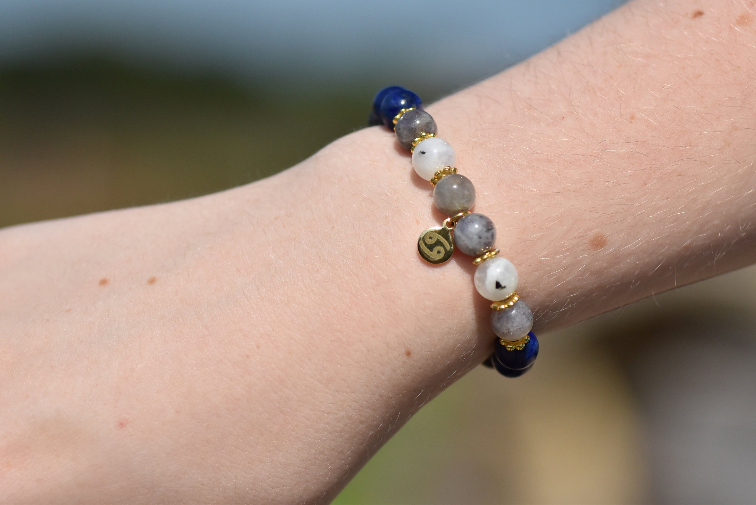 Cancer - Rainbow Moonstone, Iolite, Lapis Lazuli, and Wood Beaded Bracelet