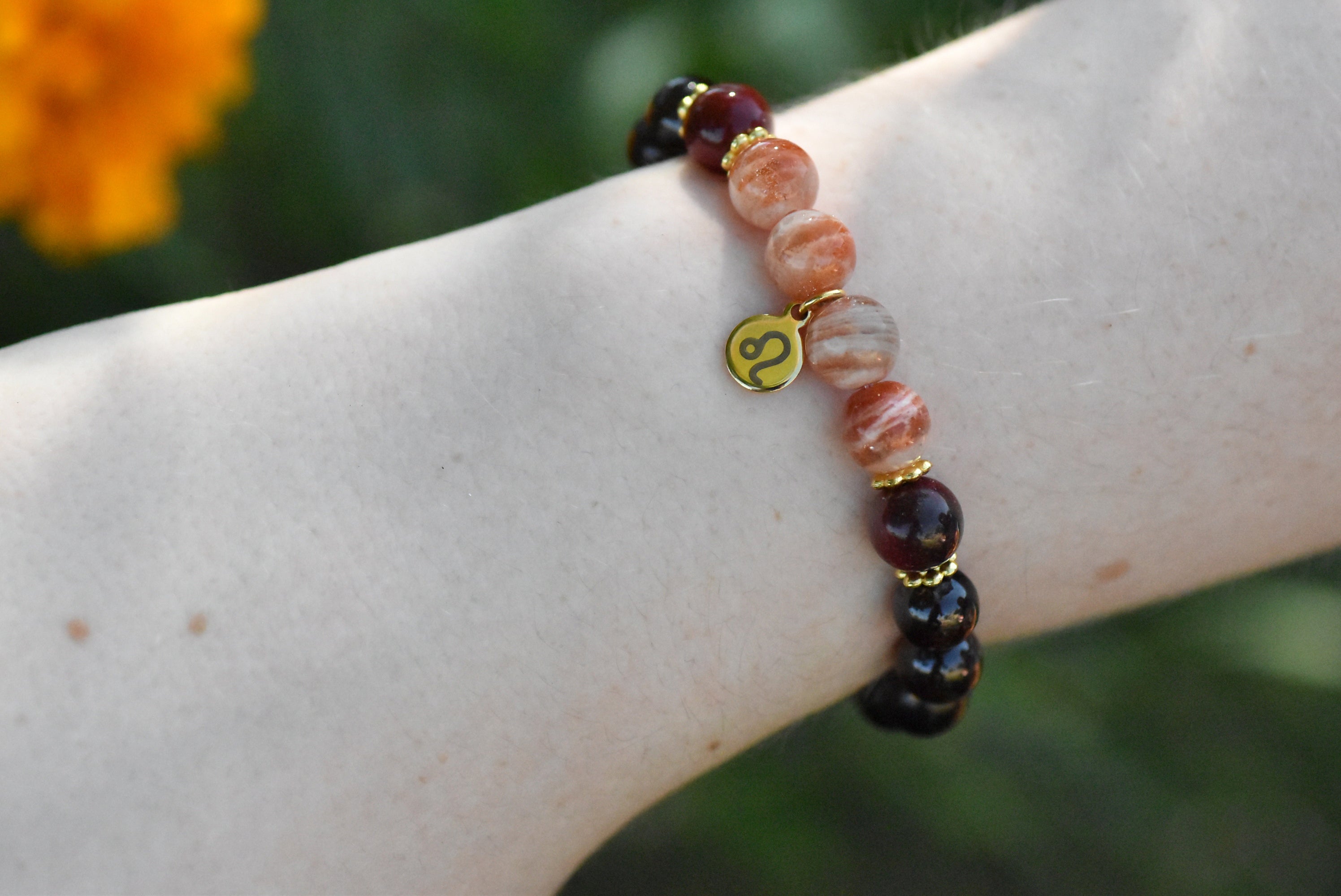 Leo - Sunstone, Mookaite, Garnet and Ebony Wood Beaded Bracelet