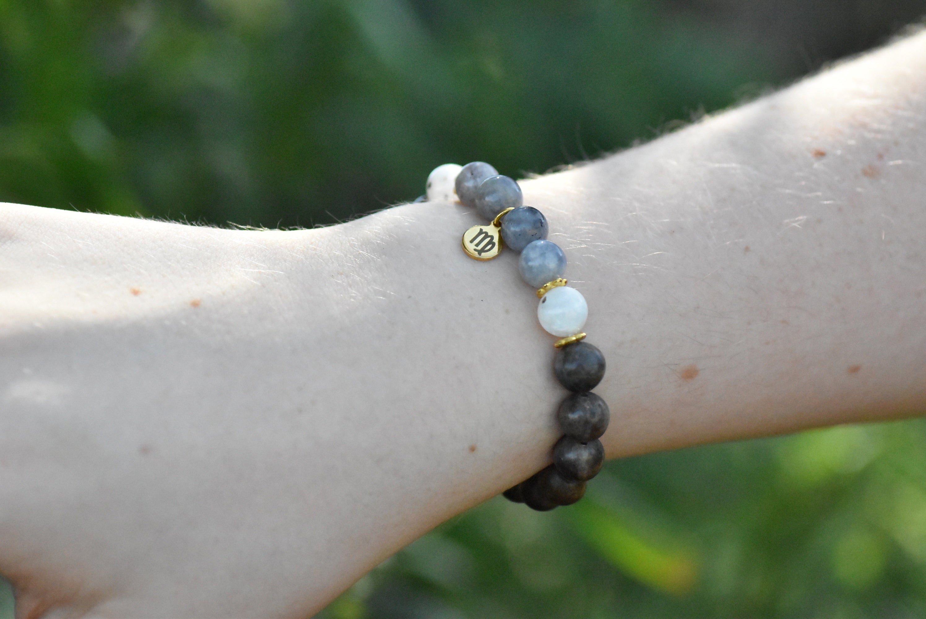 Virgo - Iolite, Moonstone, Labradorite, and Grey Wood Beaded Bracelet