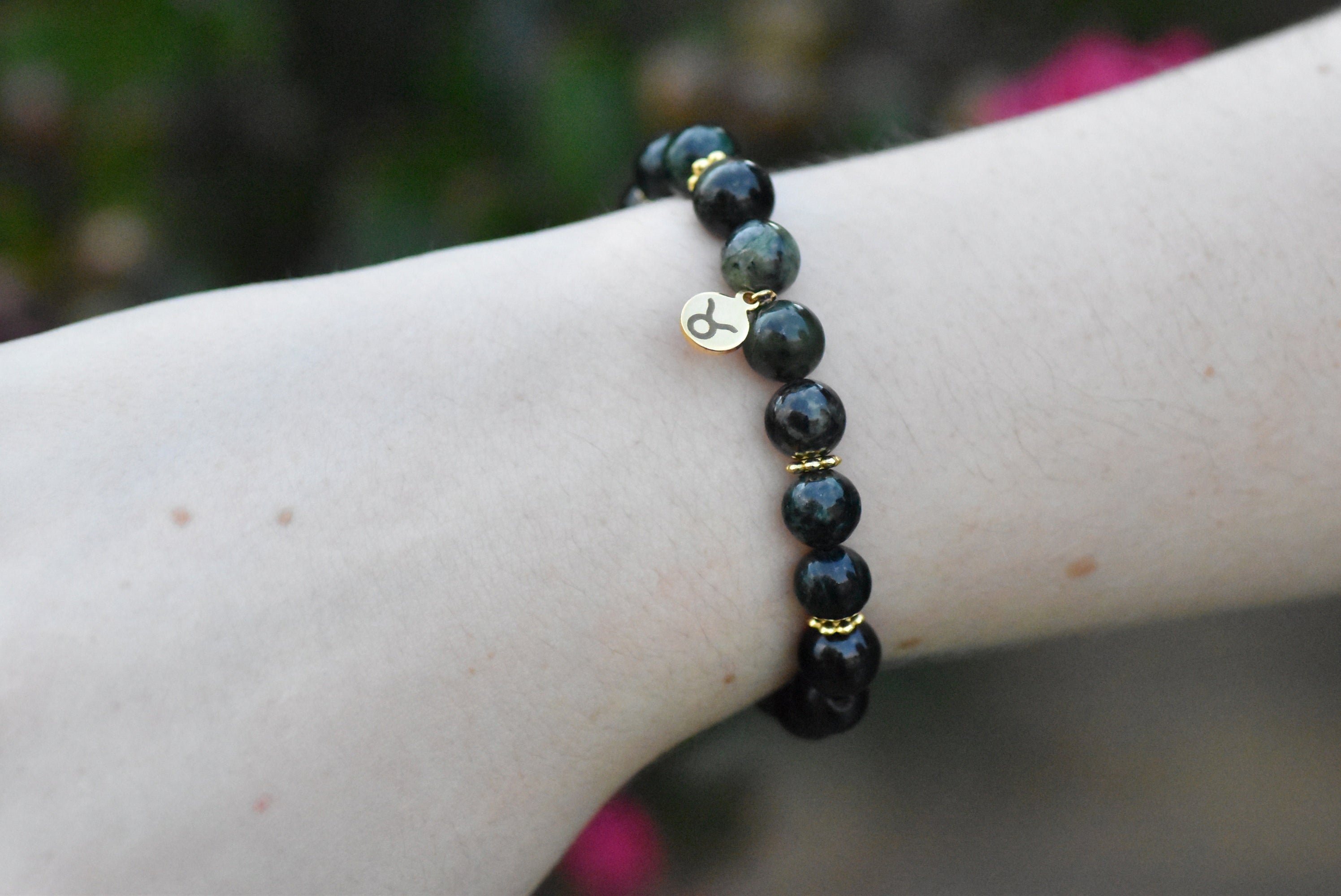 Taurus - Dendritic Jade, Green Fuchsite, Golden Obsidian, and Ebony Wood Beaded Bracelet