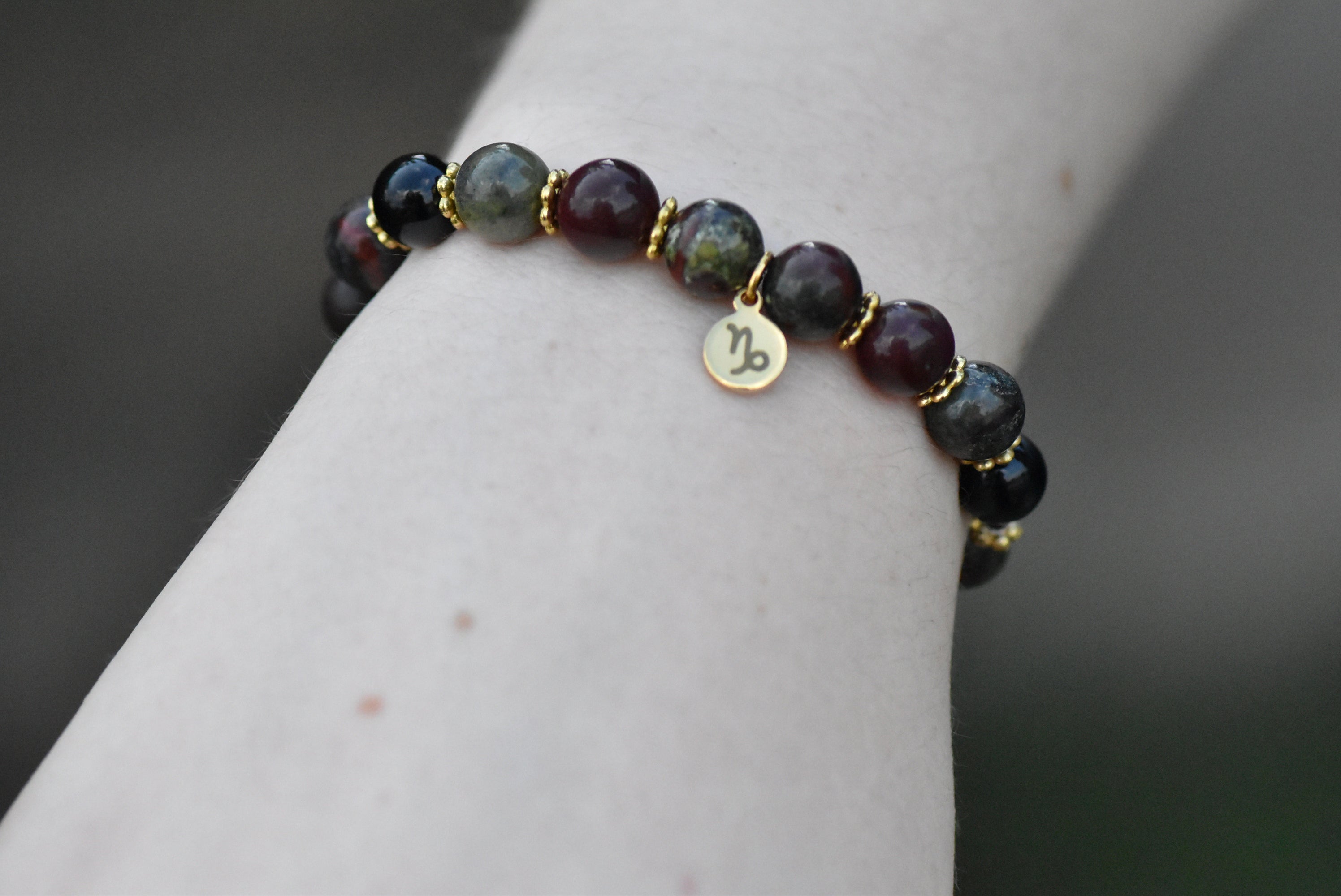 Capricorn - Dragon's Blood Jasper, Mookaite, Jet, and Sandalwood Beaded Bracelet