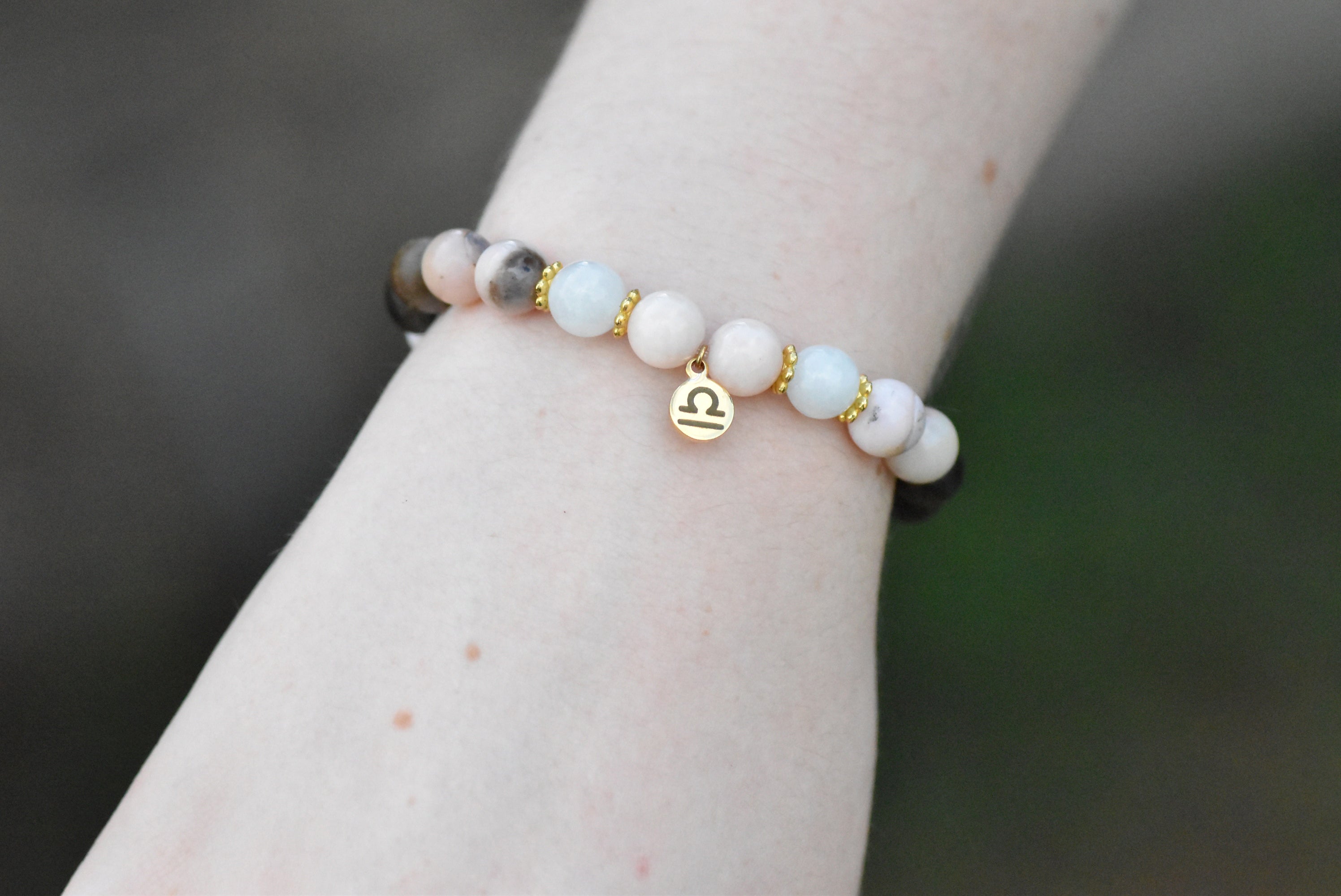 Libra - Pink Opal, Moonstone, Morganite, and Grey Wood Beaded Bracelet