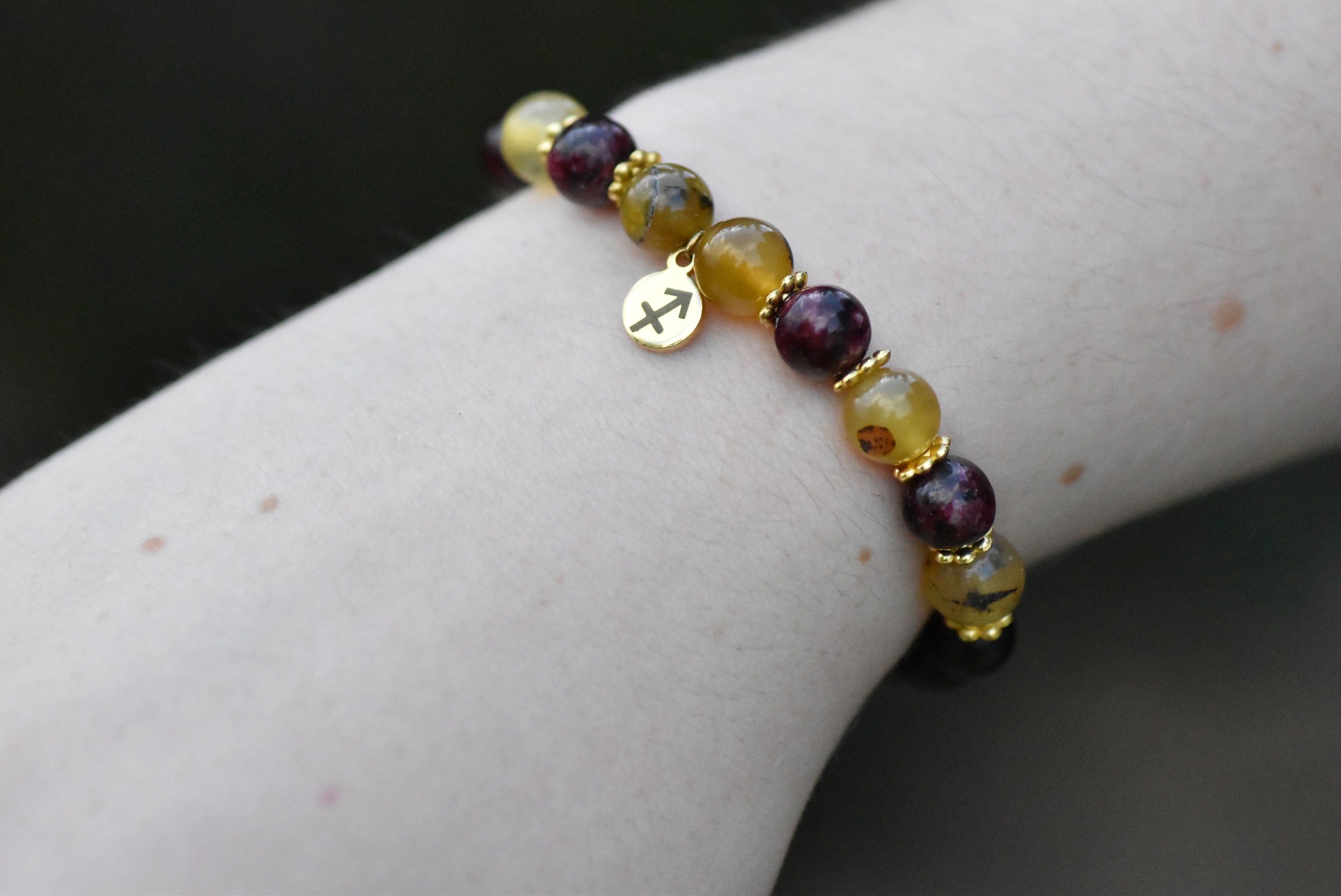 Sagittarius -  Red Jade, Yellow Opal, and Ebony Wood Beaded Bracelet