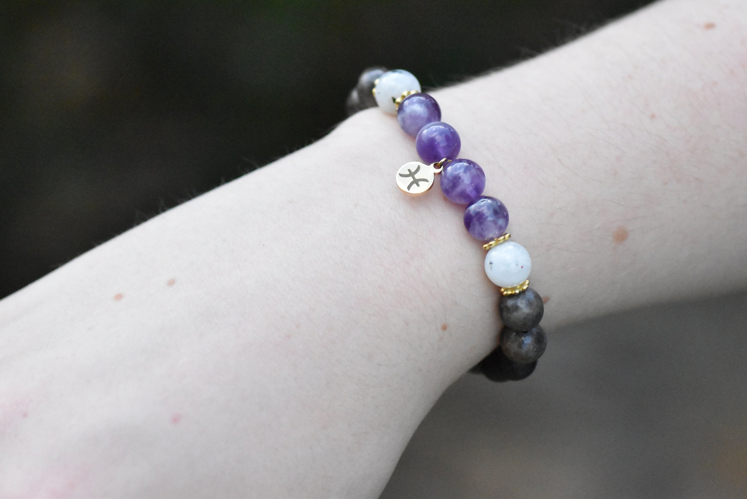 Pisces - Amethyst, Moonstone, Chocolate Labradorite, and Sandalwood Beaded Bracelet