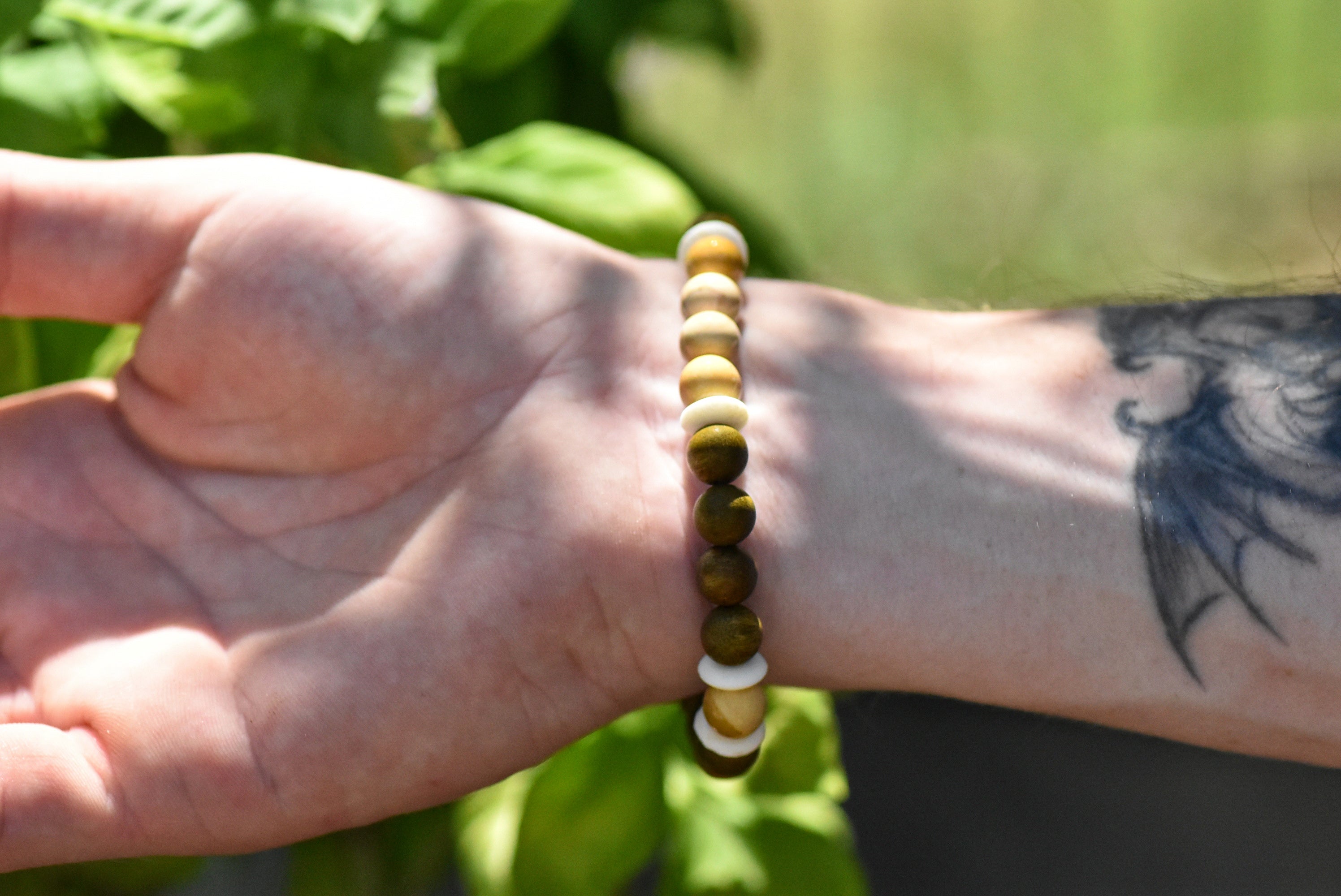 Freyr - Yellow Mookaite, Green Sandalwood, and Ox Bone Bracelet